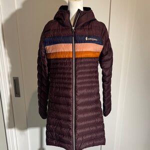 cotopaxi Long Quilted Hooded Coat in Plum with Navy, Peach & Orange Stripes